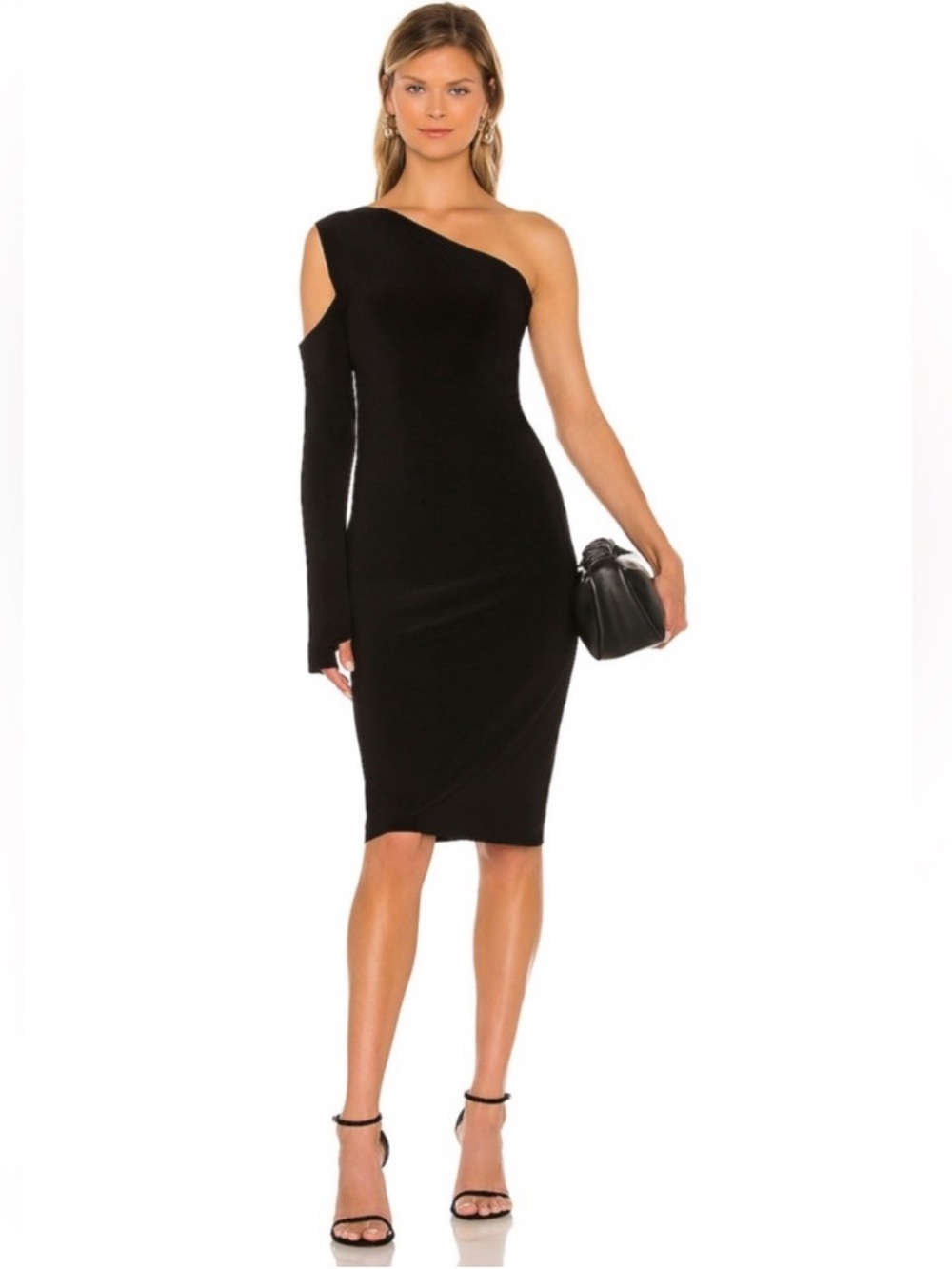 Norma Kamali Black One-Shoulder Long-Sleeve Sheath Dress